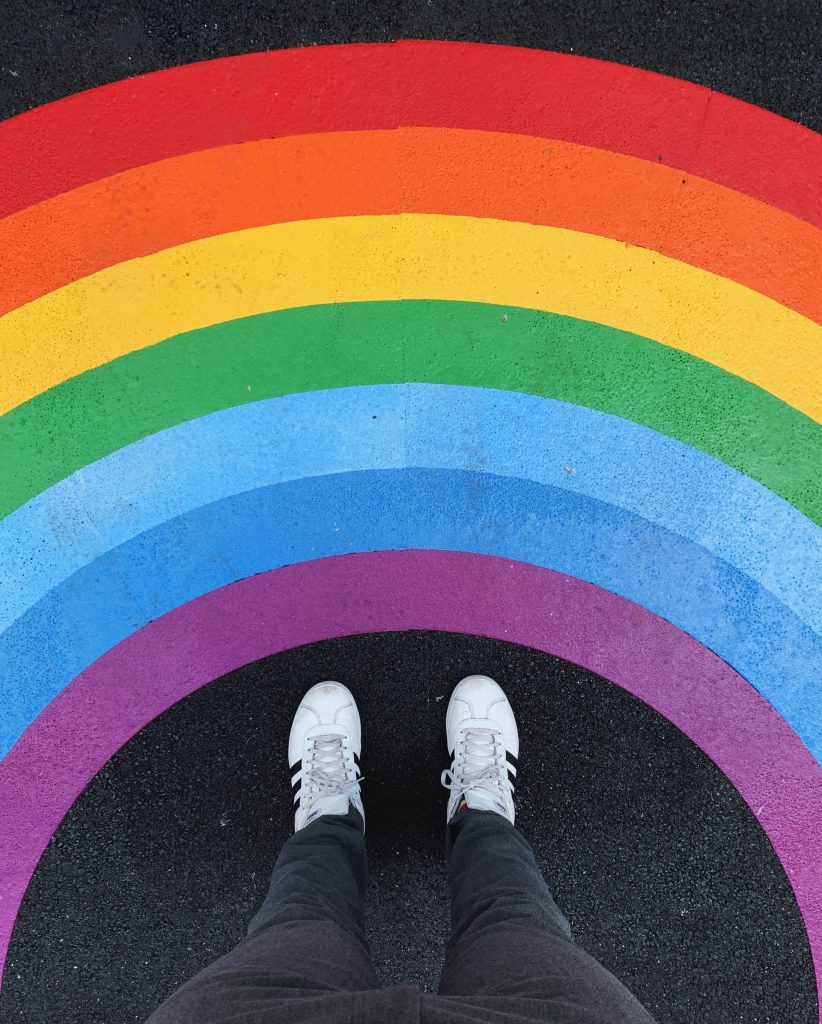 A perspective photo of a person's legs and shoes standing on a road that has a rainbow painted on it.