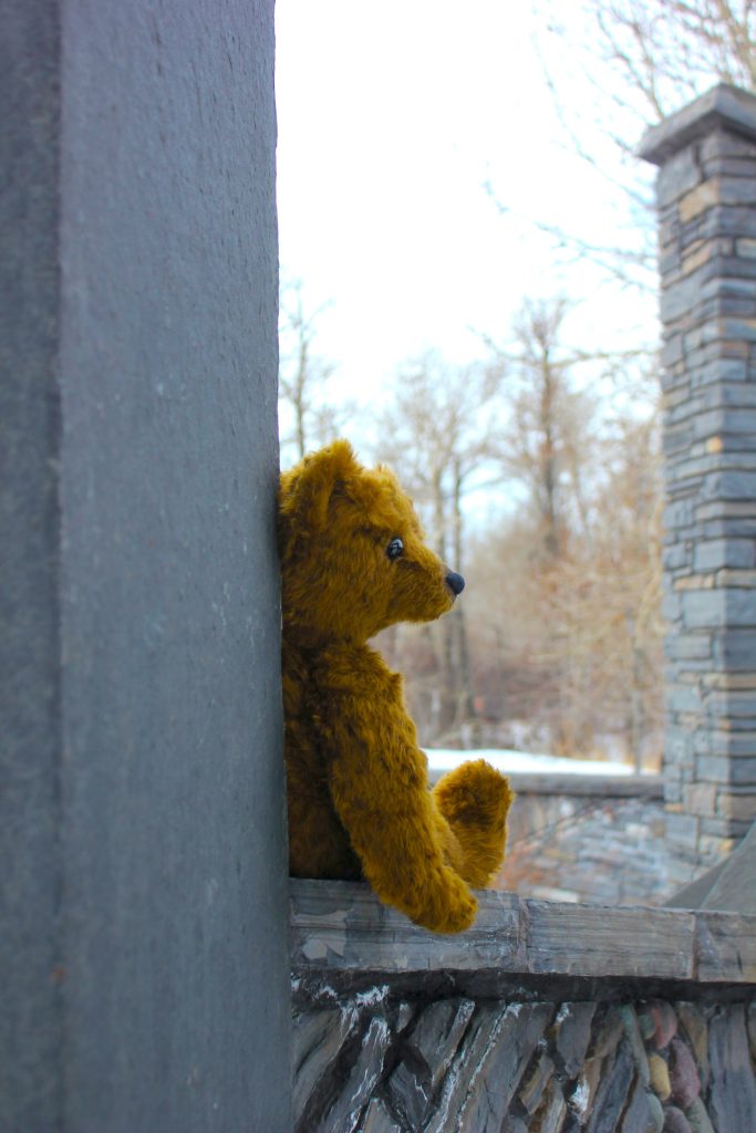 A photo of a teddy bear sitting on a wall outside and looking to the side, sort of sad or reflective. There are a few downsides to my age regression story.