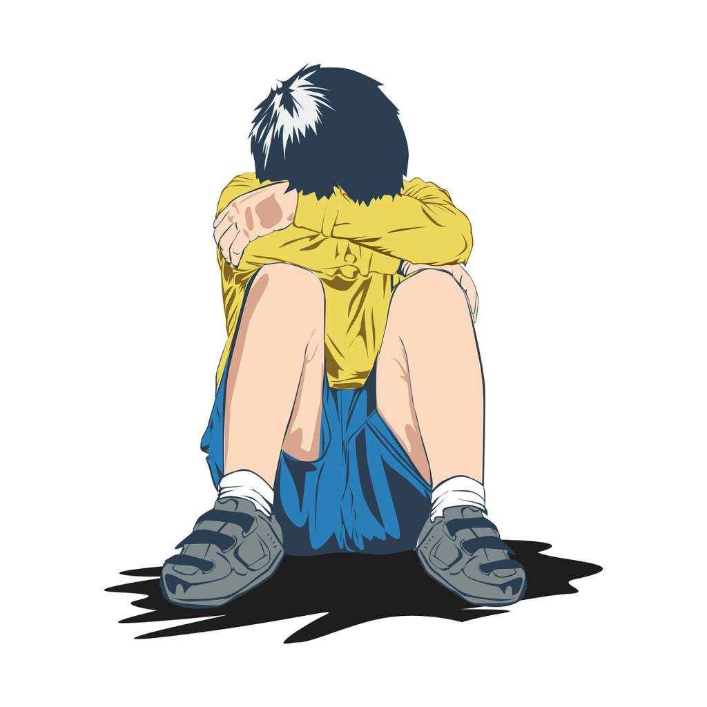 An illustration of a child sitting down with their knees up, arms resting on their knees, and their head hiding in their arms. They're wearing a yellow shirt, blue shorts, and grey shoes.
